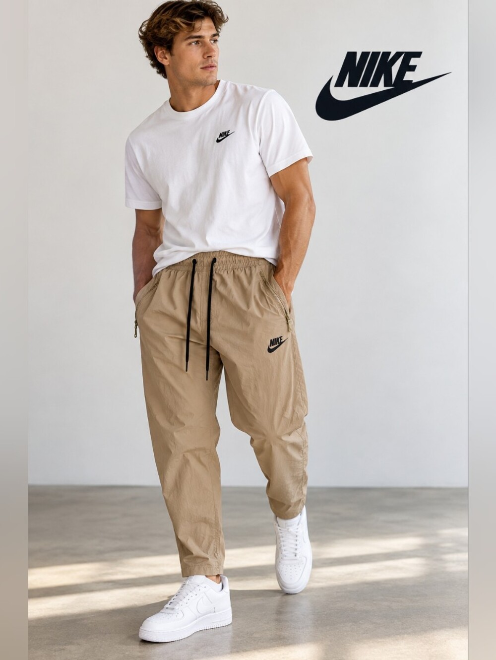 Nike Sportswear Woven Jogger Pants Tan Khaki XXL Zip Pockets